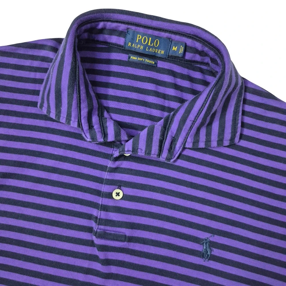 Polo Ralph Lauren Polo Shirt Mens Medium Purple Striped‎ Pima Soft Touch Pony